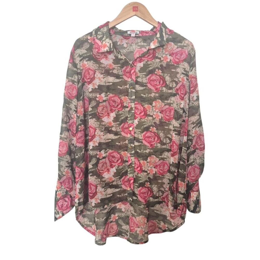 Bongo Camo Floral Print Blouse with 3/4 Roll Tab Sleeves Deadstock Plus Size 2X